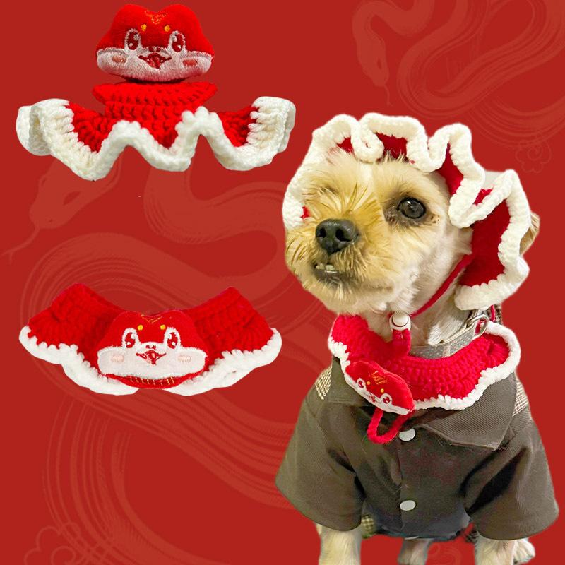 Festive Red Chinese New Year New Fashion 2026 Year of the Horse Pet Set: Knitted Hat + Scarf for Cats/Dogs, Animal Decor Pet