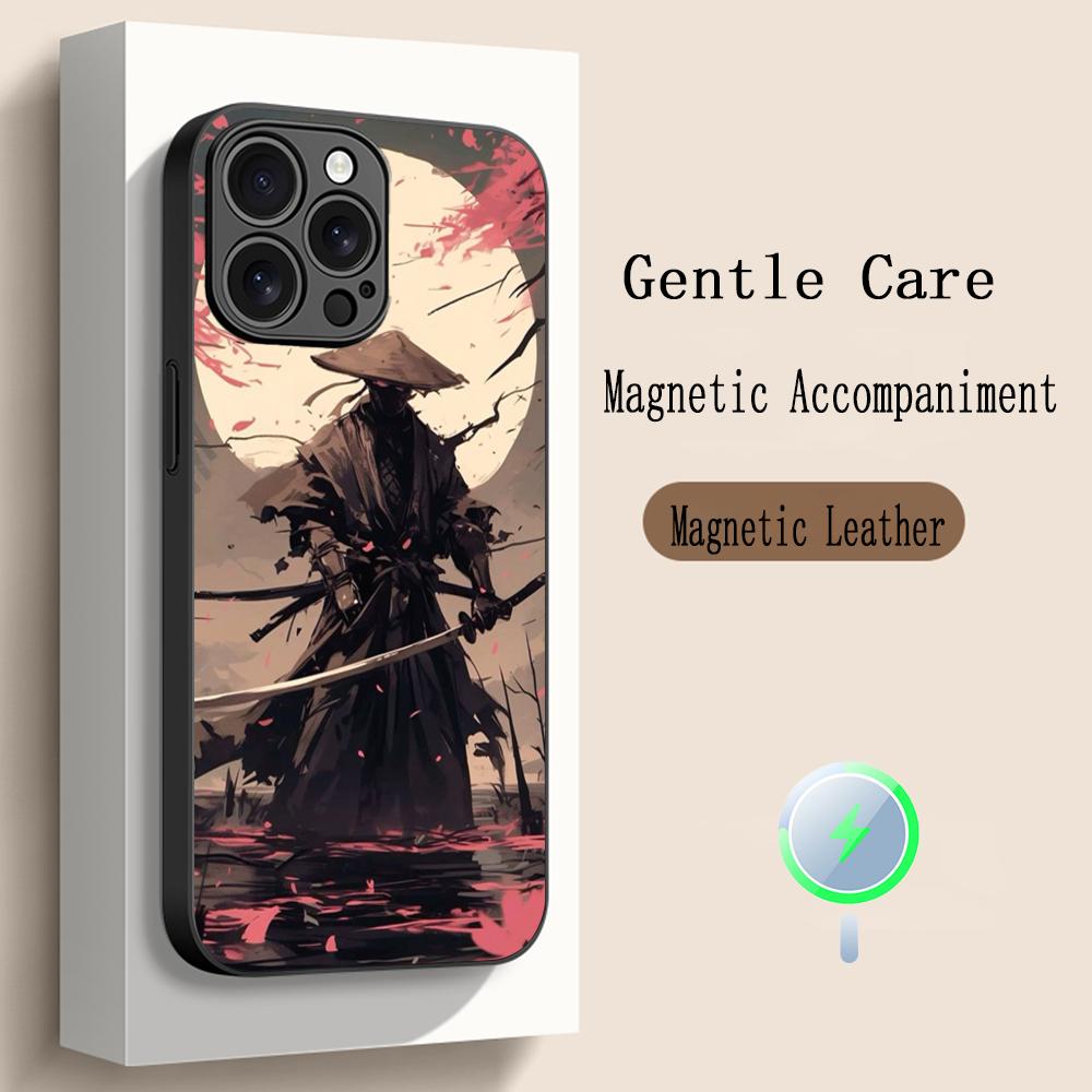 Fantasma cool japanische Samurai-Malerei Handyhülle Für iPhone 17 16 15 14 13 12 Plus Pro Max High-End Luxus Magsafe Schaffell