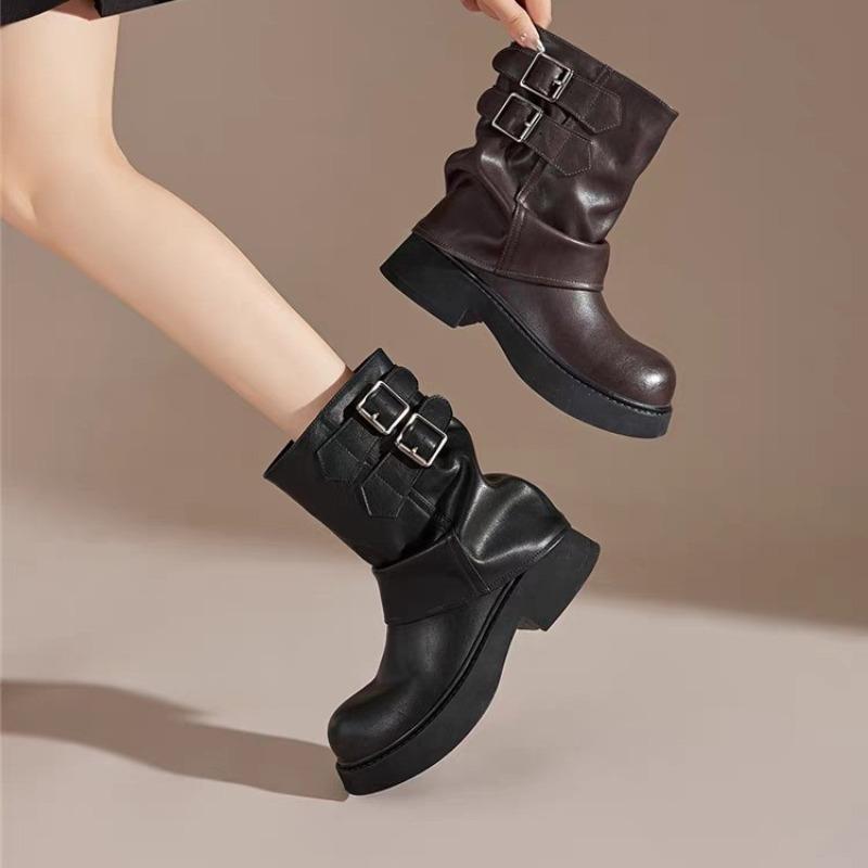 Fashion Metal Belt Buckle Block Heel Single Boots Women's Fashion Round Toe Sleeve Pleated Mid Heel Boots