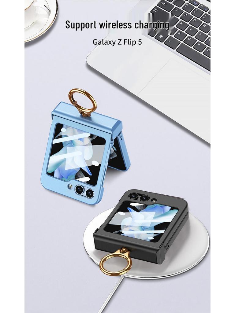 GKK Samsung Z Flip5 Full Coverage Frosted Case with Finger Ring Buckle & Small Folding Hinge.