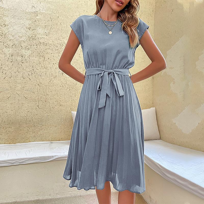 Popular European and American versatile simple medium skirt summer casual lace-up solid color pleated dress women