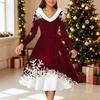 Dames Kerstprint Midi Jurk, Lange Mouwen V‑hals Bontrand A-lijn Feestjurk, Kerst Limited Edition