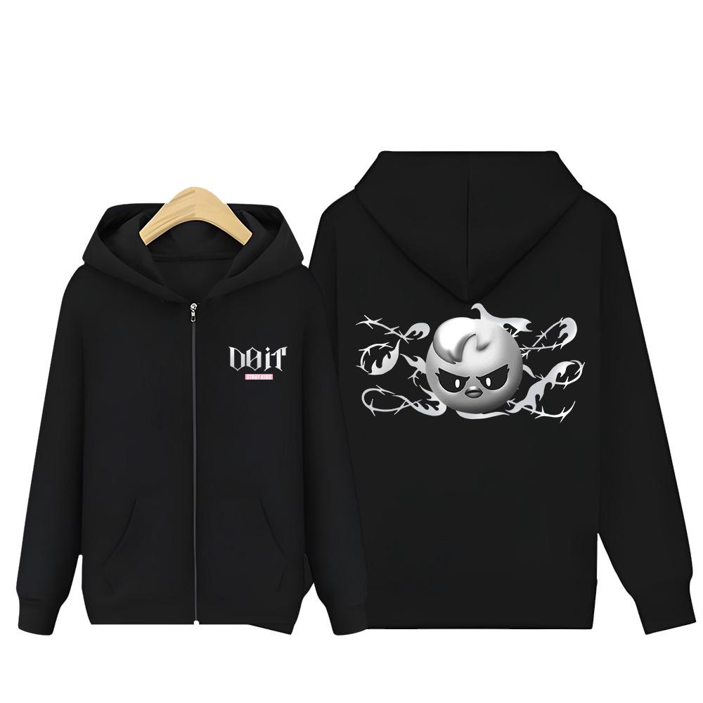 Stray Kids Zip-Up Hoodie - Black & Pink Graphic Cardigan with Kangaroo Pocket, Spring Autumn Casual Outerwear for STAY