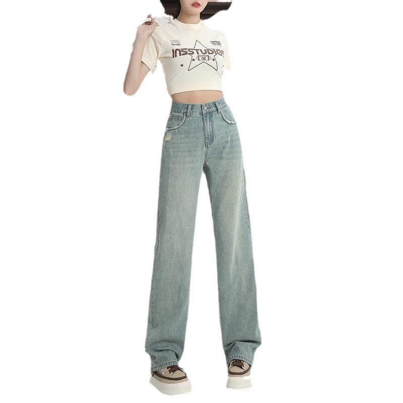 Light Color Retro Wide Leg Jeans for Women 2025 New High Waist Straight Pants Loose Slim Fit Narrow Version Floor-Length Pants