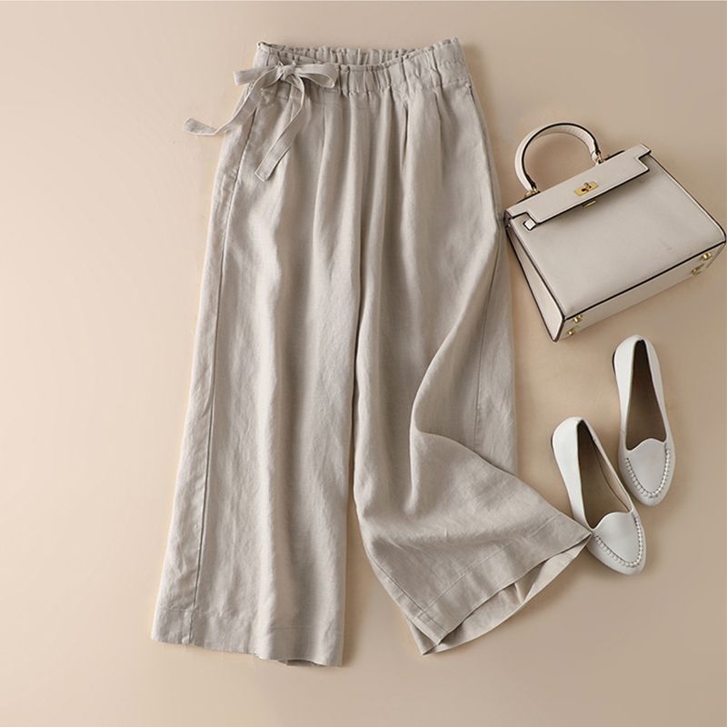 Women's Summer High Waist Wide Leg Pants Elastic Side Tie Casual Cropped Trousers