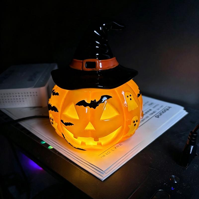 Halloween Resin Table Lamp Handcrafted Gothic Pumpkin & Wizard Hat Night Light USB Powered Warm Amber Light Home Decoration