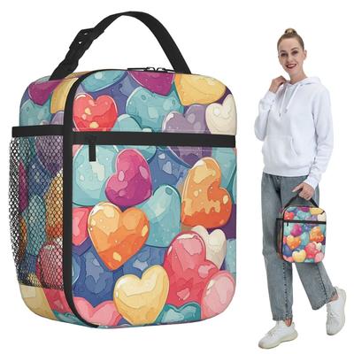 Farbenfrohes Herzmuster Isolierte Lunchtasche für Kinder Schul-Kühltasche Thermische Lebensmittelbox Tragbare Lunchboxen Behälter