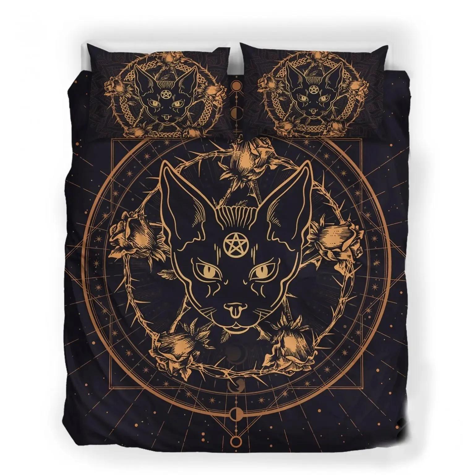 

Wiccan Occult Black Cat Duvet Cover Set,Gothic Black Cat Bedding Sets Mysterious Sun And Moon Comforter Cover Queen Size 70x133cm