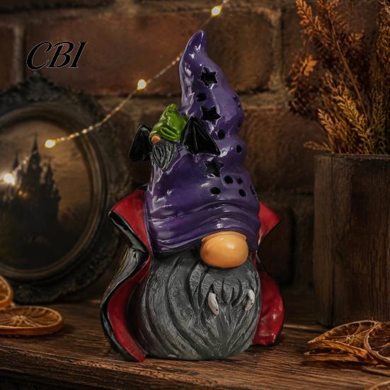 Lighted Halloween Ornaments Vampire Gnome Figurine, Resin Faceless Dwarf Statue with Purple Star Party Supplies Hat And Cape, Spooky Cute Ornament for
