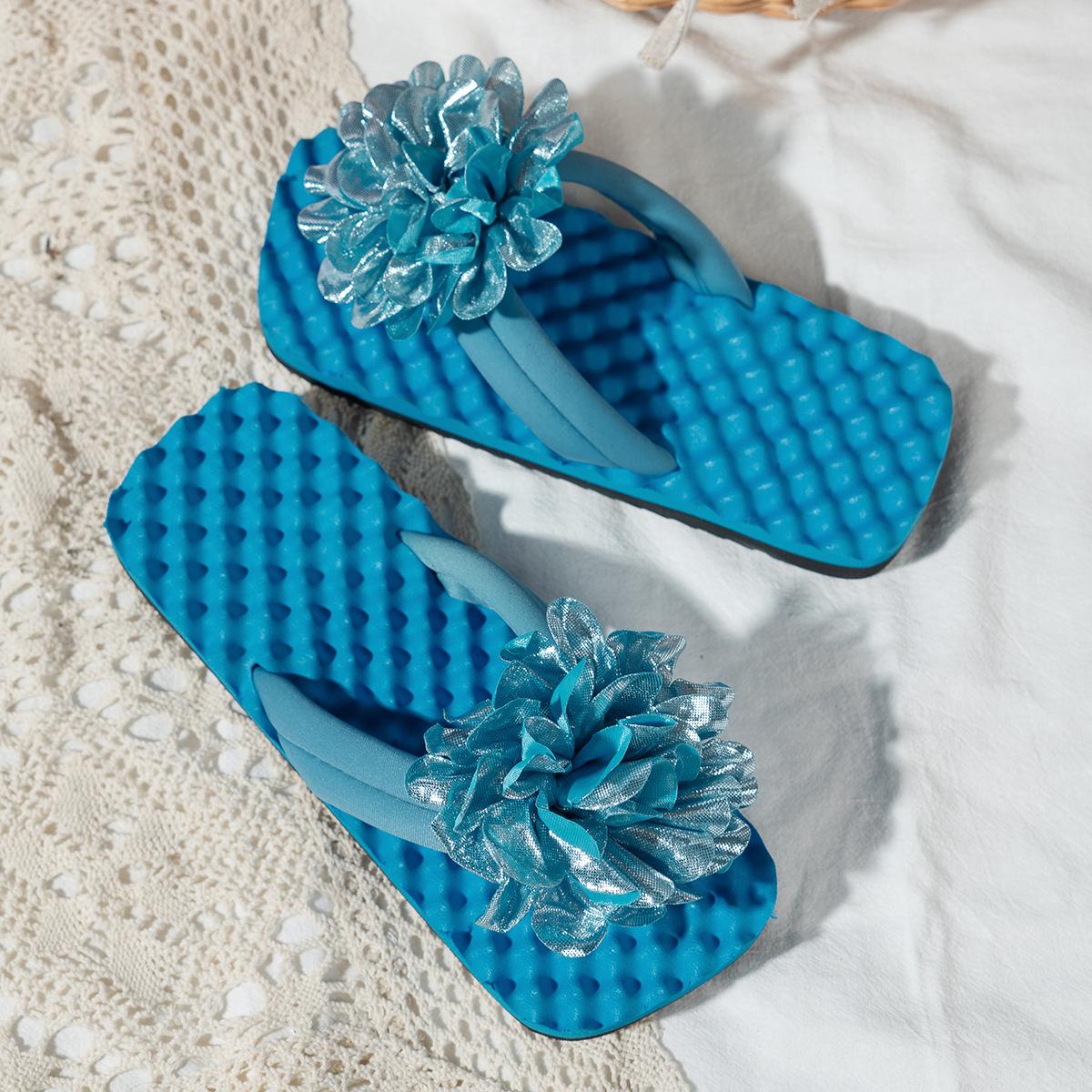 

Женские летние новые шлепанцы с цветочным декором, макаруны, разноцветные, на плоской подошве, пляжные тапочки, дышащие 41 павлин голубой