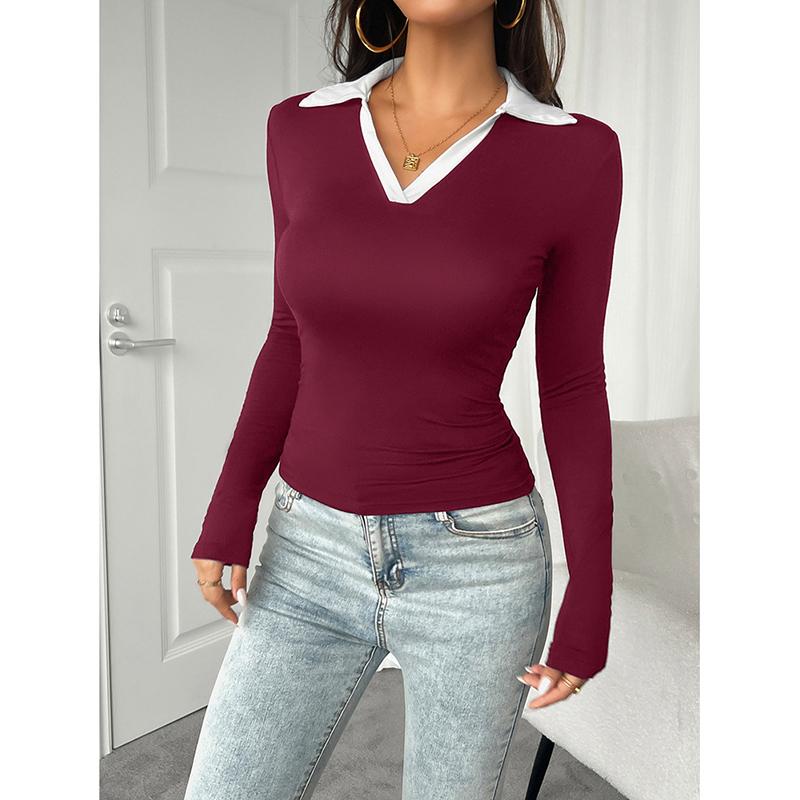 Spring Autumn Casual Women's Polo Shirt Slim Solid Color Tops Contrast Lapel Lady's Long Sleeve Tops Simple Women's T-shirt