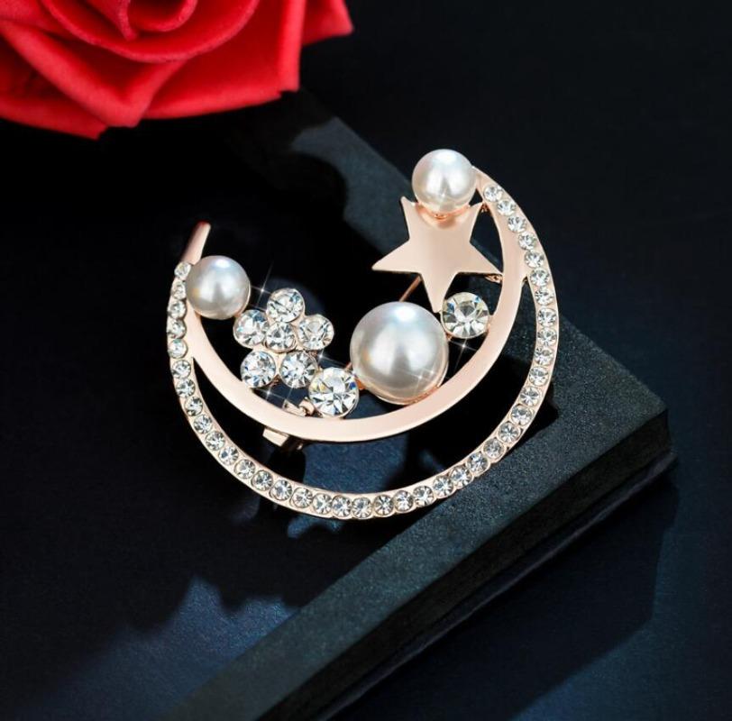 Fashion Pearl Moon Star Brooch for Women Men Fashion Rhinestone Brooches Pins Jewelry Accessories Party Gifts