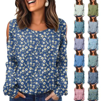 Dámské Zimní Oversized Tričko Módní Odhalující Ramena Kulatý Výstřih Vintage Květinový Potisk Svetr Dlouhý Rukáv Top