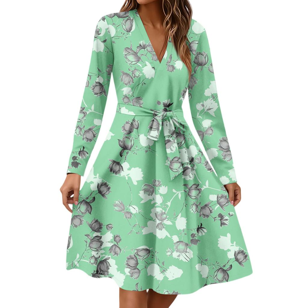 Women's Fashion Casual V-Neck Long Sleeve Waist Floral Print Midi Dress