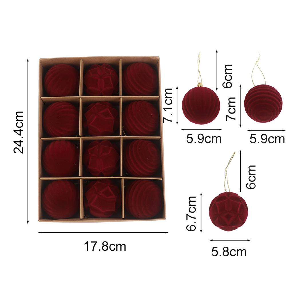 12 Pcs Burgundy Flocked Christmas Ball Ornaments Set, 6 Cm Velvet Finish Plastic Decorations For Holiday Tree DIY Display