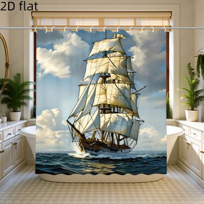 Steamboat Sailing Ship Ocean Sea Bathroom Shower Curtain Tropical Yacht Print Large Bath Curtain Polyester