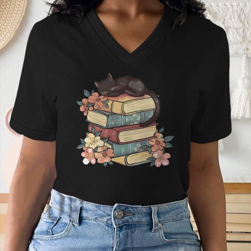 Fun Cat Mom & Book Lover Print V Neck T Shirt Women Bookish Cat Mom Streetwear Short Sleeve Unisex Vintage Bookworm Y2K Tops