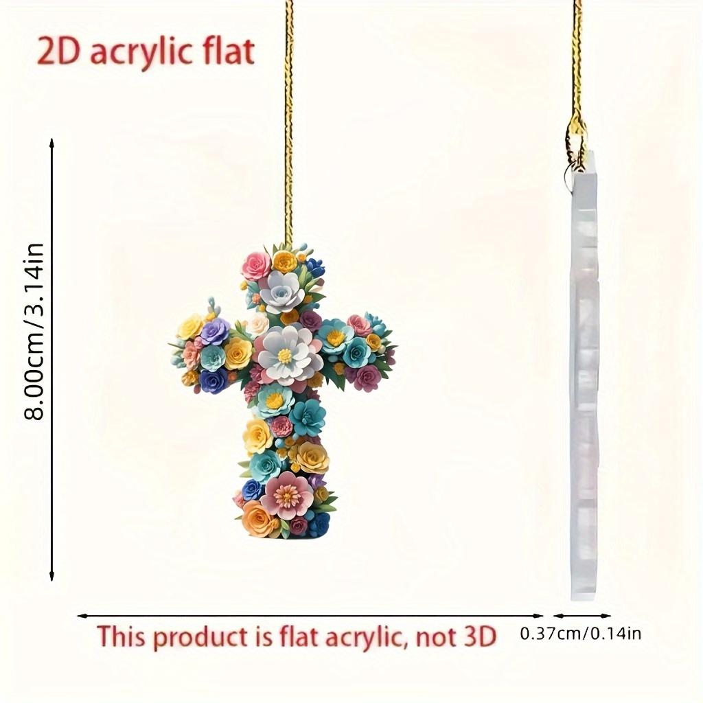 2D Flat Acrylic Floral Cross Pendant - Vibrant Multi-Color Flower Design, Ideal for Car Rearview Mirror, Garden, Party, Room Decor, Keychain