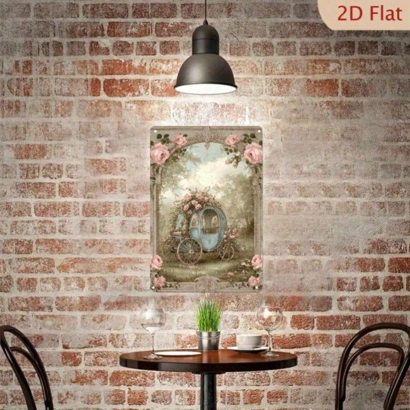 Vintage Victorian Carriage Metal Poster, Pink Rose Wall Art, Black Frame Home Decor for Cafe Bar