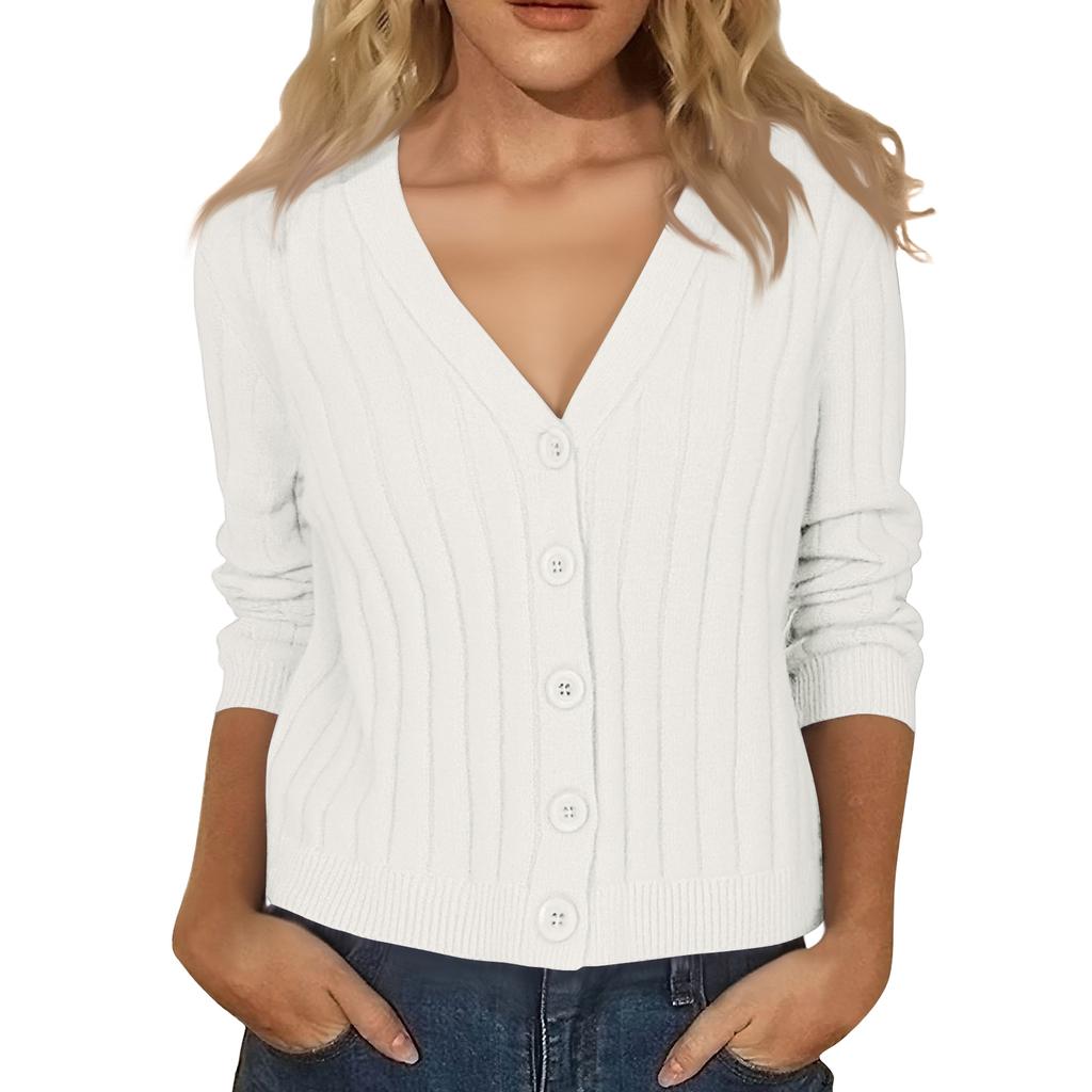 Women's Fashion Long-Sleeve V-Neck Lightweight Knit Sweater Solid Color Outerwear Top