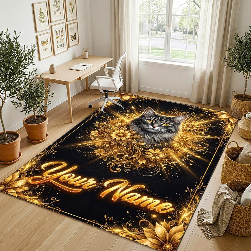 Cat Theme Crystal Velvet Rug Personalized Custom Name Text Soft Floor Mat Home Decor