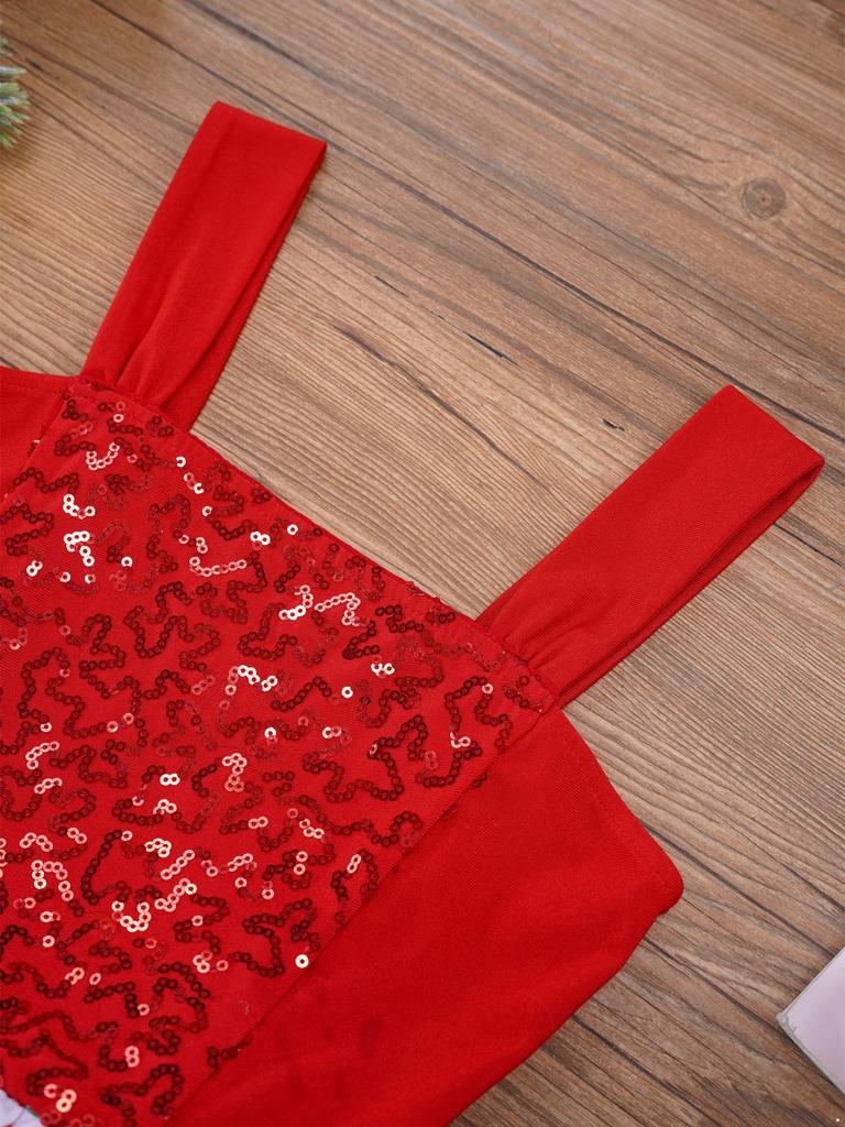 Girls Christmas Jumpsuit Shiny Sleeveless Design Jagged Pompoms Tulle Skirt Costume Cosplay Dance Wear