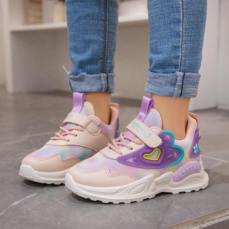 Girls Sports Shoes Kids Running Shoes Pink Breathable Air Mesh Heart Sweet Sneakers Cute Hook & Loop Children's Casual  Shoes