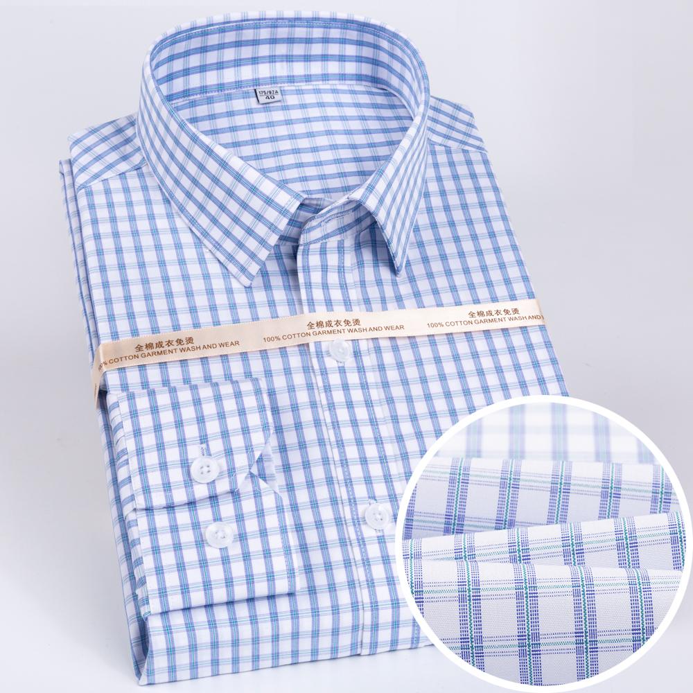 Men's Plaid Spread Collar Wrinkle-Free Long Sleeve Button-Down Shirt, 100% Cotton Regular Fit Business Casual Formal Office Wear