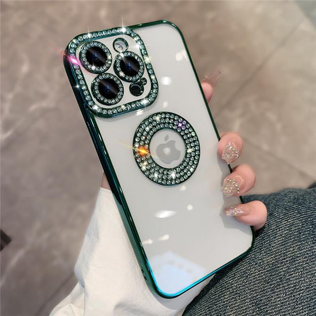 For iPhone 16 Pro Max Luxury Glitter Rhinestone Plating Frame Phone Case For iPhone 11 12 13 14 15 16 Plus Diamond Lens Cover