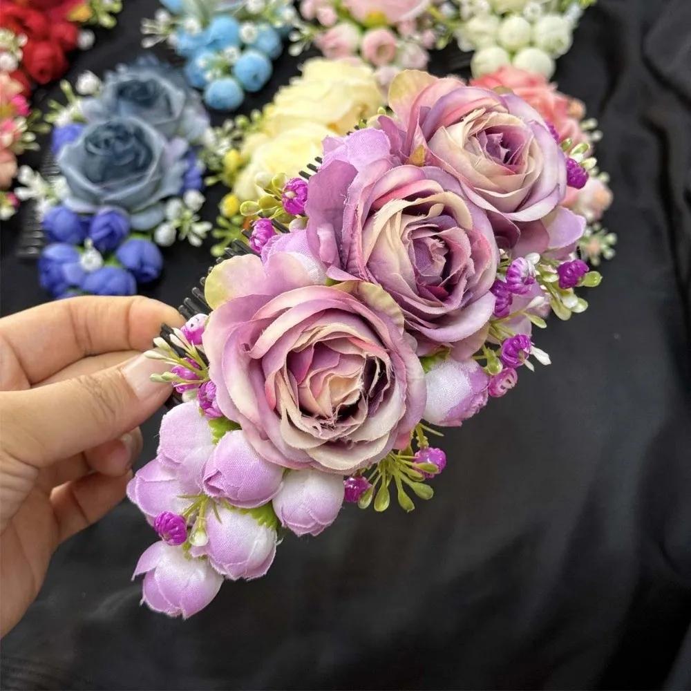 Handmade Sweet Flowers Hairpin Rose Floral Headwear Rose Hair Comb Plastic Cloth Chignon Hair Clips Girls