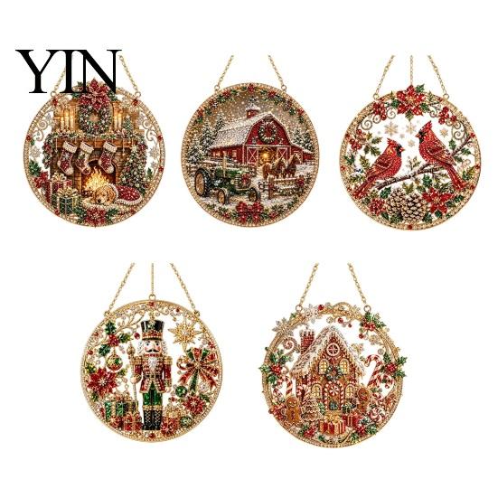 Durable Christmas Tree Decor Rhinestone Painting Suncatcher Kit, Round DIY Hanging Festive Decorations for Holidays Home, Craft Pendant Holiday Party