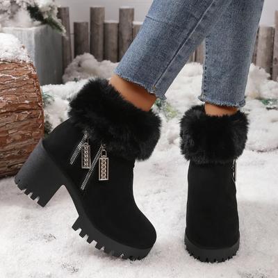 Winter Fleece Lined Warm Cotton Boots Women's Large Size Chunky Heel Round Toe Short Boots Fur Trimmed Booties Snow Boots