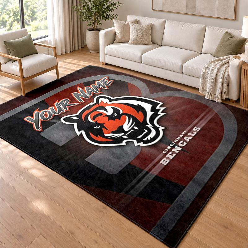 Cincinnati Bengals Custom Name Personalized Rug Non‑Slip Doormat Floor Carpet Housewarming Birthday Gift for Family Friends