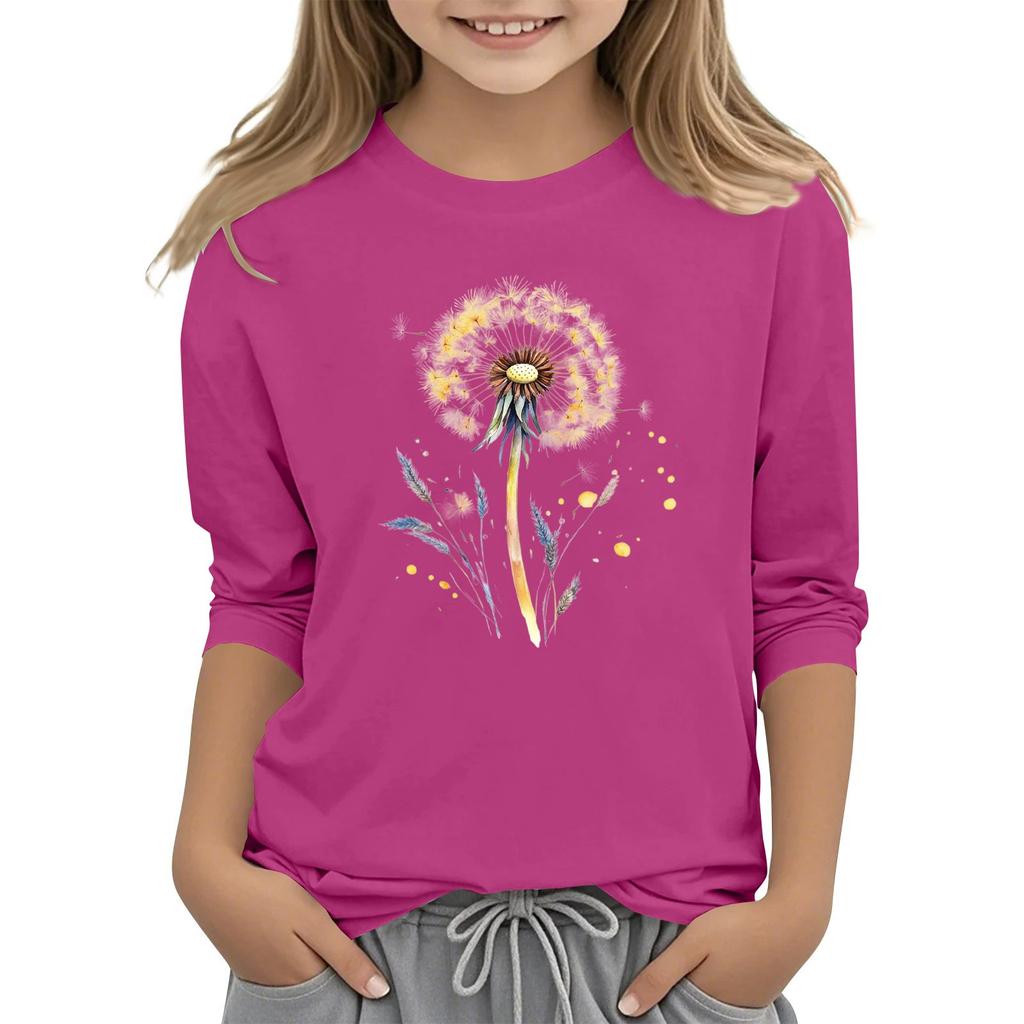 Children's 3/4 Sleeve Round Neck Flowers Print Casual Top
