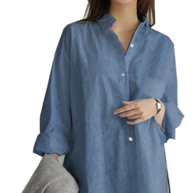 Camisa de Solapa Oversize para Mujer - Elegante Manga Larga, Color Sólido, Bajo con Abertura para Primavera y Otoño