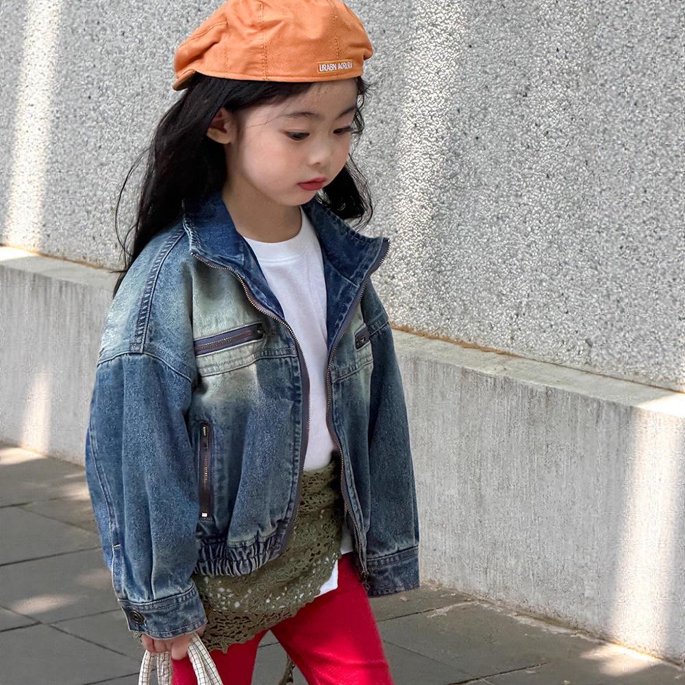 

2025 Kids Retro Denim Jacket: Heavy Duty Distressed, Japanese-Korean Style for Boys & Girls, Autumn Collection 130 cm