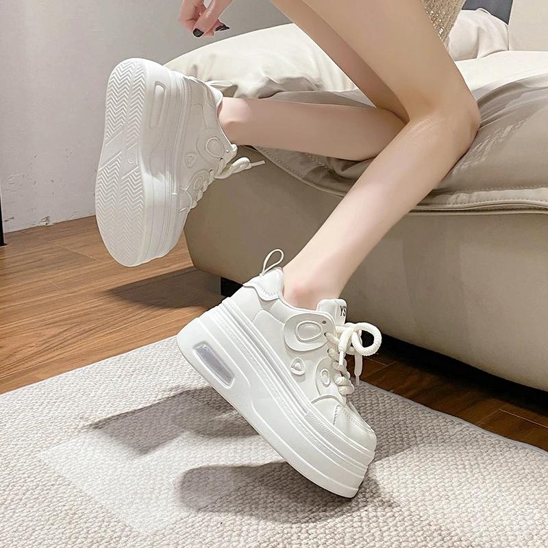 Fashion 8CM High Platform Shoes Women Spring Autumn Chunky Sneakers Designer Thick Sole Leather Sports Shoes Breathable Sneakers Woman