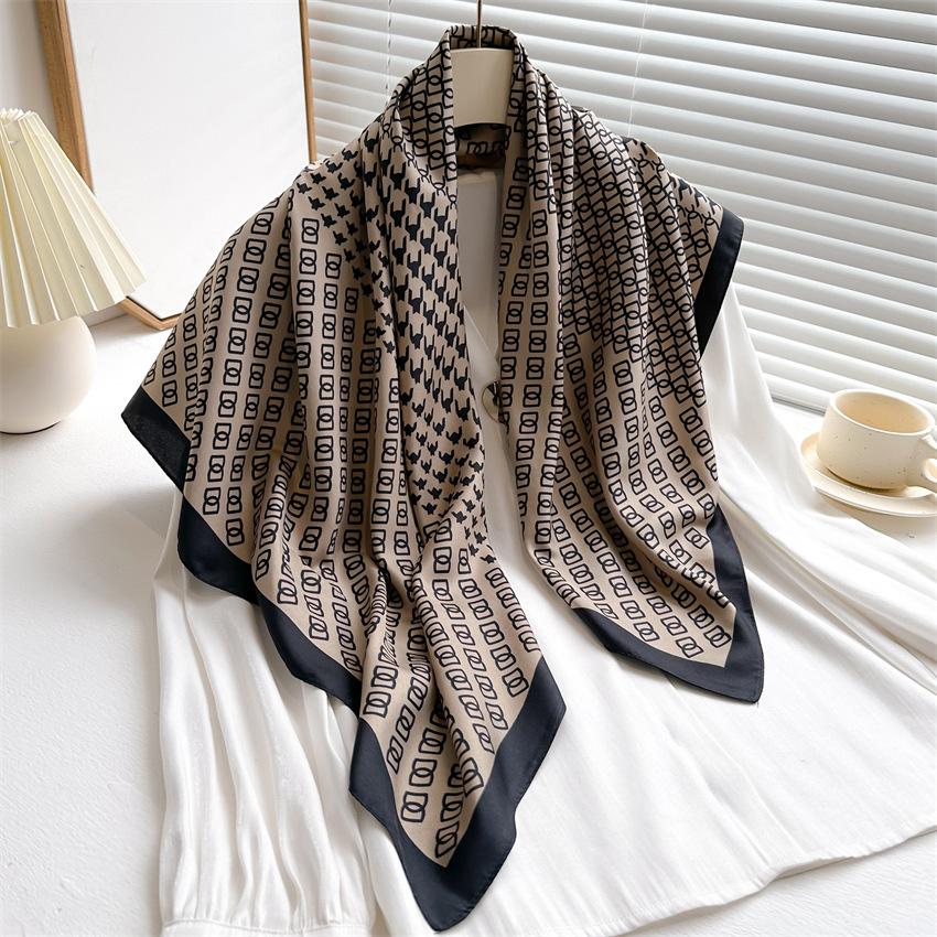 New Thousand Birds Grid Printed Silk Scarf 91cm Twill Scarf Fashion Versatile Double D Large Square Scarf Sunscreen Shawl Headscarf