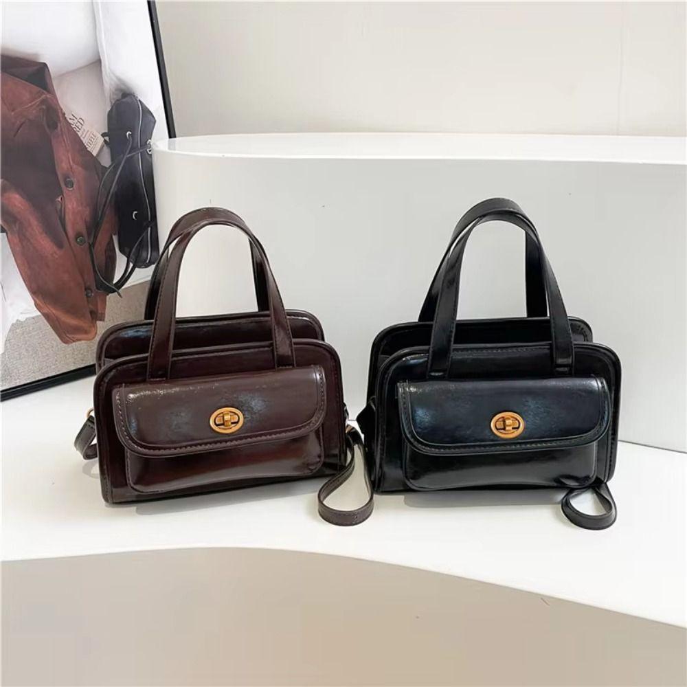 Solid Color Pocket Boston Tote Bag Handbag Underarm Bag Temperament PU Bowling Bag  Women