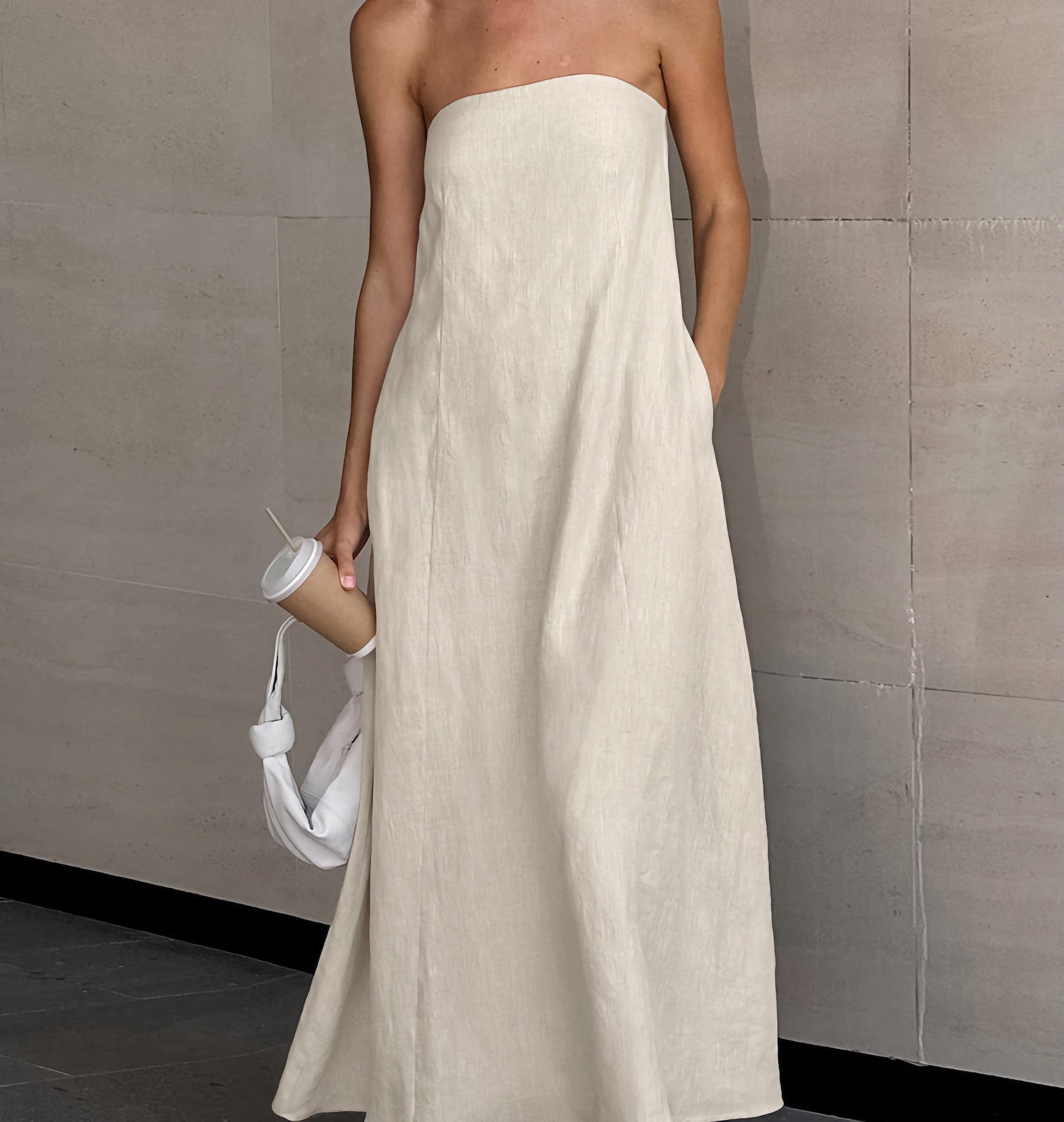 

Summer French Resort Style Strapless High-Waisted Cotton Linen Open-Back Long Dress Medium (M)