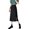 Women's High-Waist Black Midi Skirt - Drape Design with Slit, A-Line, Over-the-Knee, Perfect for Spring/Summer