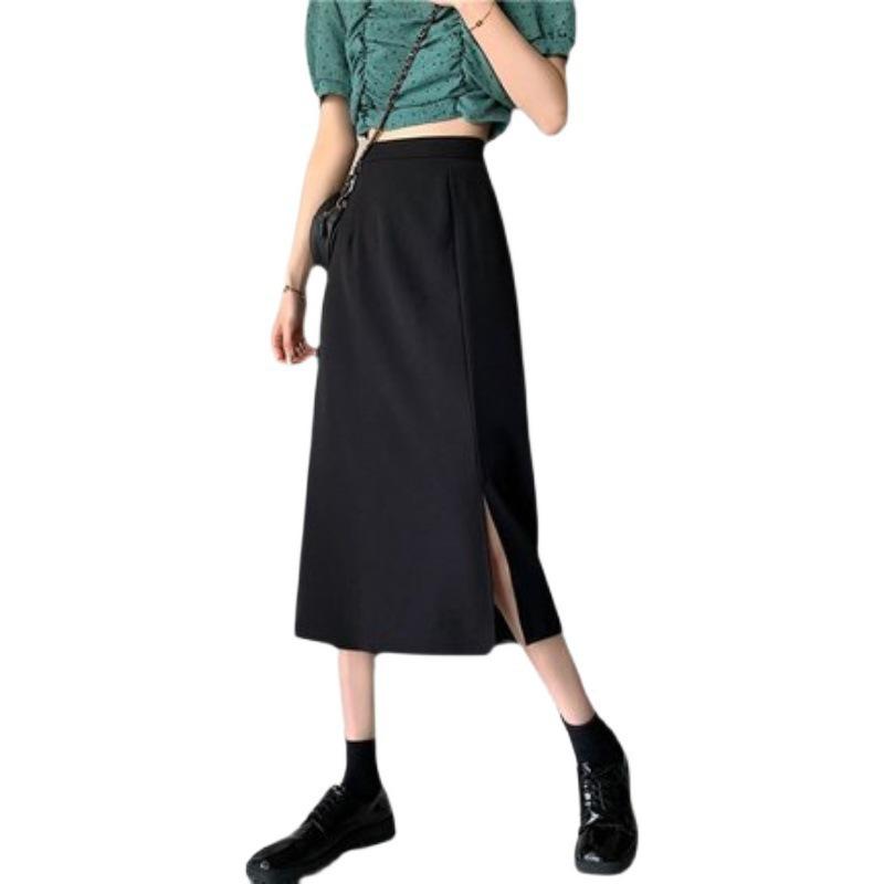 Women's High-Waist Black Midi Skirt - Drape Design with Slit, A-Line, Over-the-Knee, Perfect for Spring/Summer