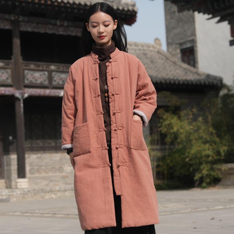 25 Winter New Cotton and Linen Women's Clothing Chinese Retro Sand Wash Stand-up Collar Buckle Ramie Long Cotton Clothes Women's Cotton Clothes