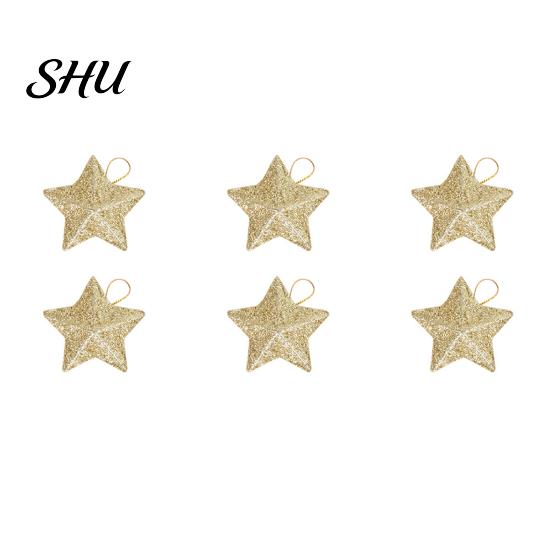 Christmas Hanging Ornament 6Pcs Sparkling 3D Star Shape Pendant with Lanyard Glitter Tree DIY Craft Party Decor
