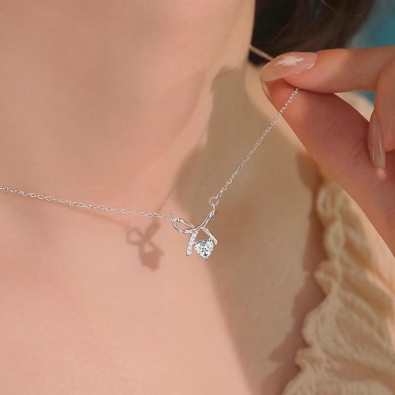 Bow love zircon necklace high-end niche light luxury pendant temperament collarbone chain