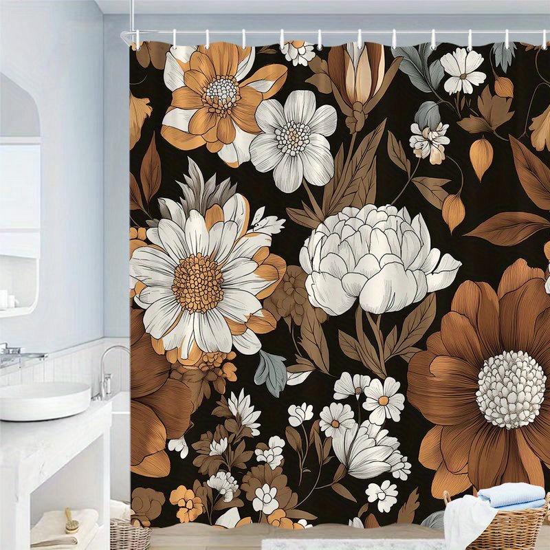 1pc Retro floral pattern shower curtain, made of polyester, machine washable, with hooks, suitable for bathroom decoration.