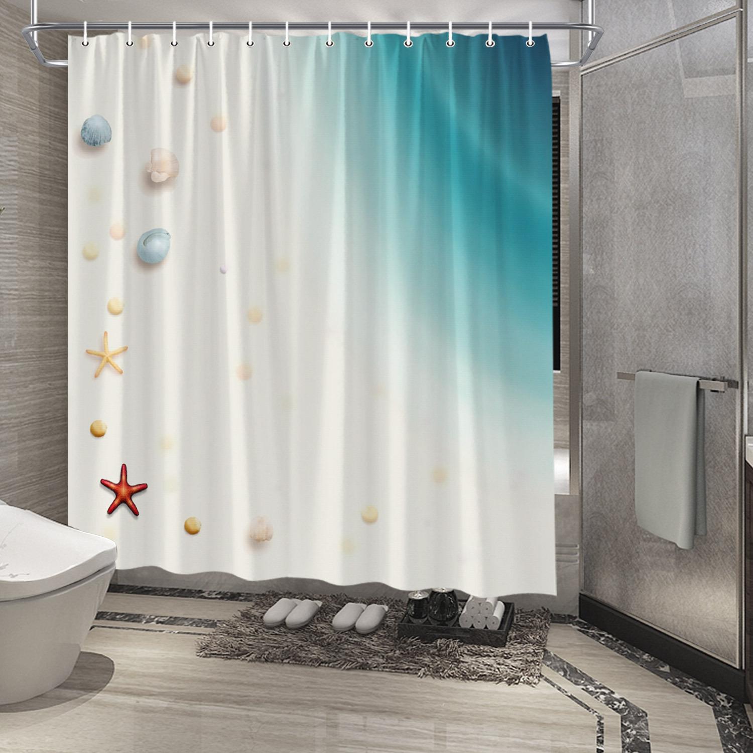

1Pc Beach Scene Shower Curtain - Pastel Gradient Ocean & Seashells Design, Coastal Bathroom Decor For Serene Beach Vibes W60H190(CM)-1 Pcs
