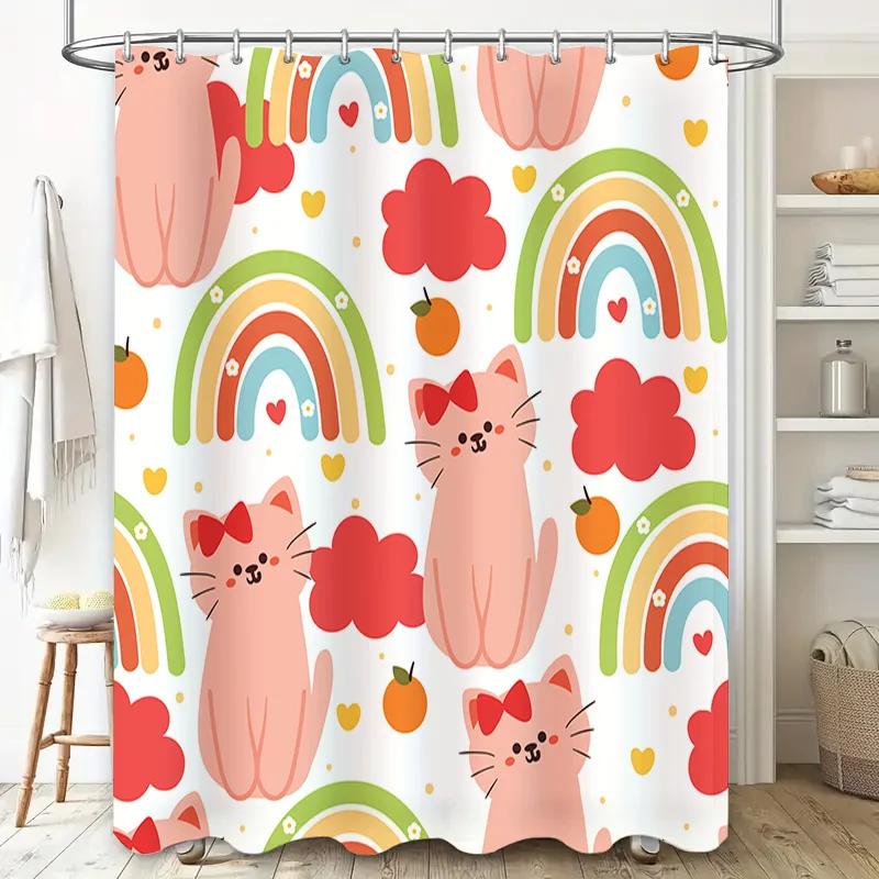 Rainbow Cats Shower Curtain Pink Cats Printed Bath Rug Waterproof Fabric Bathroom Decor Home Decoration Supplies 38 Character Li