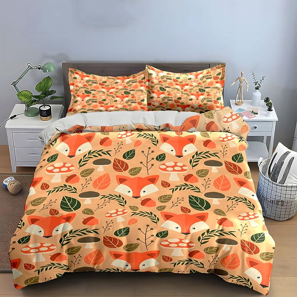 Autumn Fox and Nature Pattern Bedding Duvet Cover Set Duvet Cover Pillowcases (1*Duvet Cover 2*Pillowcases, without duvet insert)