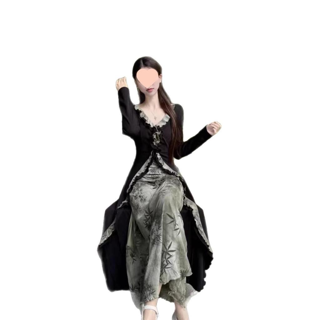 Rochie A-line pentru femei plus-size, toamnă, formă de pară - Stil național chinezesc, Design subțietor din două piese